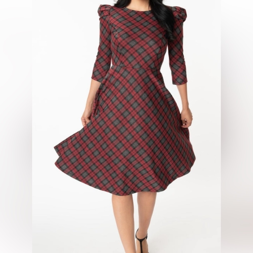 NWT unique vintage grey and red swing dress